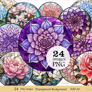 May include: 24 images of stained glass floral designs in a circular shape. The designs feature hydrangeas, peonies, magnolias, and dahlias in shades of pink, purple, blue, and white.