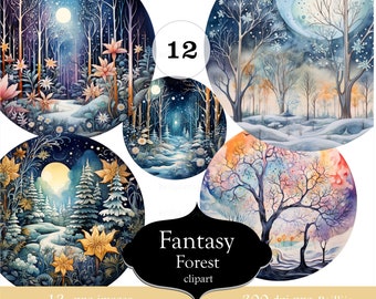 Watercolor winter clipart, 12 images of trees, winter snow, rounded png, flora and fauna, magical fantasy forest, whimsical illustrations