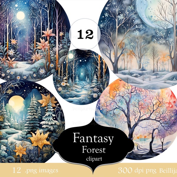 Watercolor winter clipart, 12 images of trees, winter snow, rounded png, flora and fauna, magical fantasy forest, whimsical illustrations