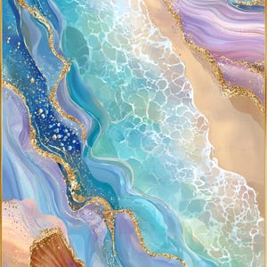 May include: Abstract art print depicting a beach scene with swirling blue and purple water, golden accents, and seashells. The artwork has a dreamy, ethereal quality, with a gold frame.