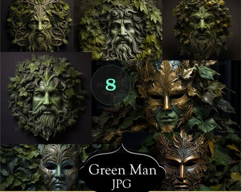 8 Green Man Clipart, Forest Leaves Printable Clipart, High Quality JPGs, Digital Download, Paper Craft Projects