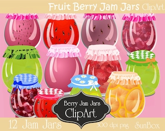 Strawberry Raspberry Cherry Lime Orange Jam Jars  12 Images for cards, scrapbooking  instant download  Jam Jar Clipart