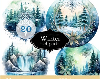 20 Watercolor Winter Clipart, Woodland Clip Art, Transparent PNG, Holiday Forest Clipart in PNG format, Instant download for Commercial use
