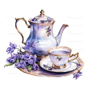 May include: A watercolour illustration of a tea set, featuring a blue and white teapot, teacup, and saucer with gold trim, resting on a tray. The scene is adorned with purple flowers, evoking a vintage feel.