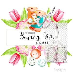 Imágenes prediseñadas de kit de costura, máquina de coser rosa acuarela, tijeras antiguas, rosa, tulipanes rosas, hilo, costura vintage, 21 marcos de imágenes PNG