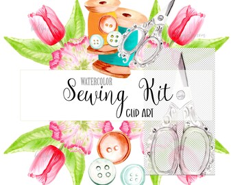 Sewing Kit Clipart, Watercolor Pink Sewing Machine, Antique Scissors, Rose Flower, Pink Tulips, Thread, Vintage Sewing 21 PNG Images Frames