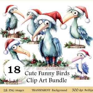 18 divertidas ilustraciones navideñas de pájaros en acuarela, fondo transparente, imágenes prediseñadas imprimibles. PNG de alta calidad, proyectos DIY.