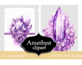 Crystal Watercolor Clipart, Amethyst Quartz Gem Lilac Light Purple 22 ClipArt Images for cards, scrapbooking - instant download - CU OK