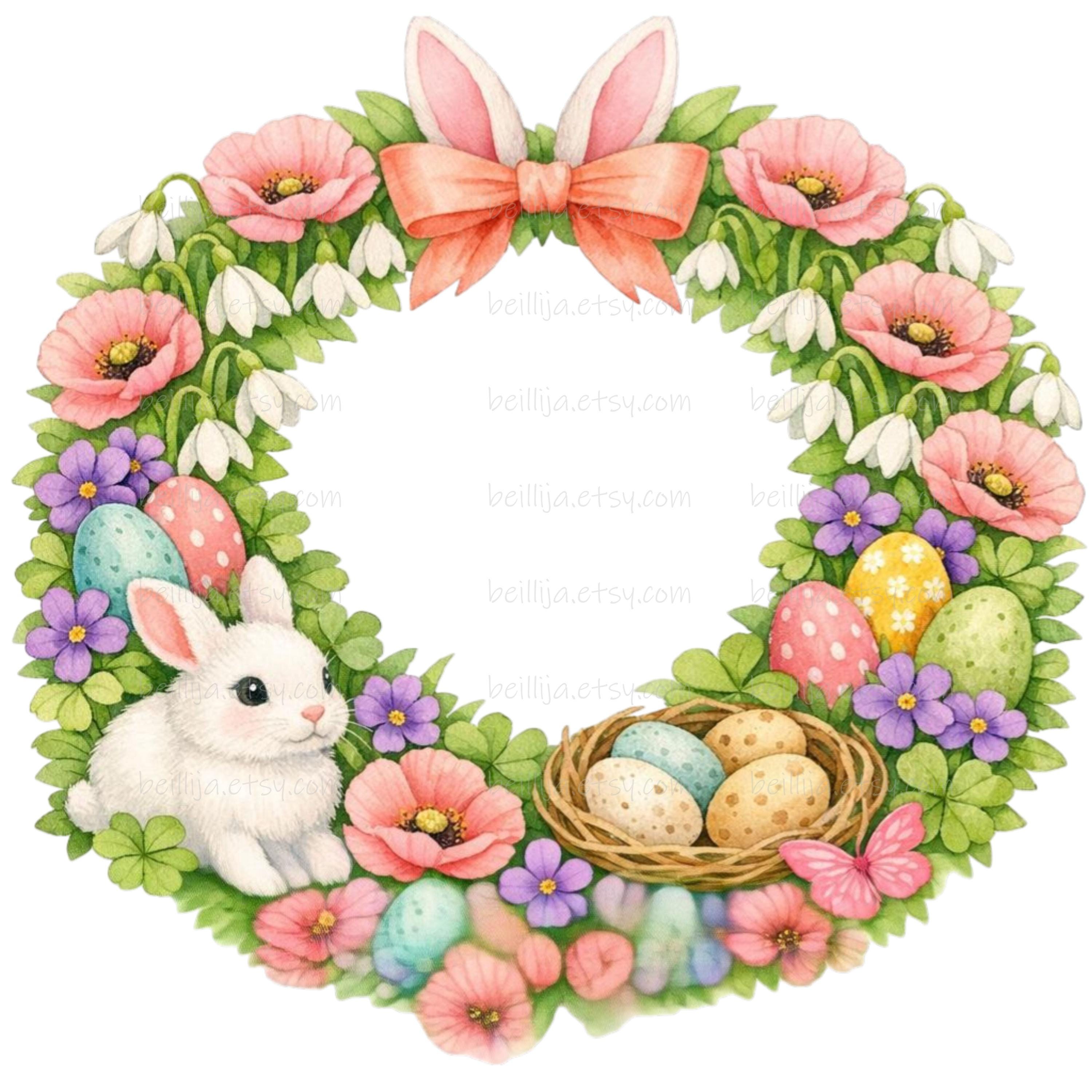 12 Easter Wreath Clipart: Watercolor Spring Flowers, Bunny, Chicken ...