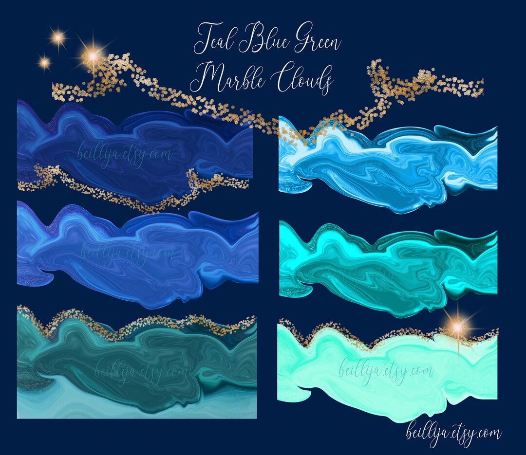Teal Blue Green Ocean Waves Golden Edge Transparent Background, Digital ...