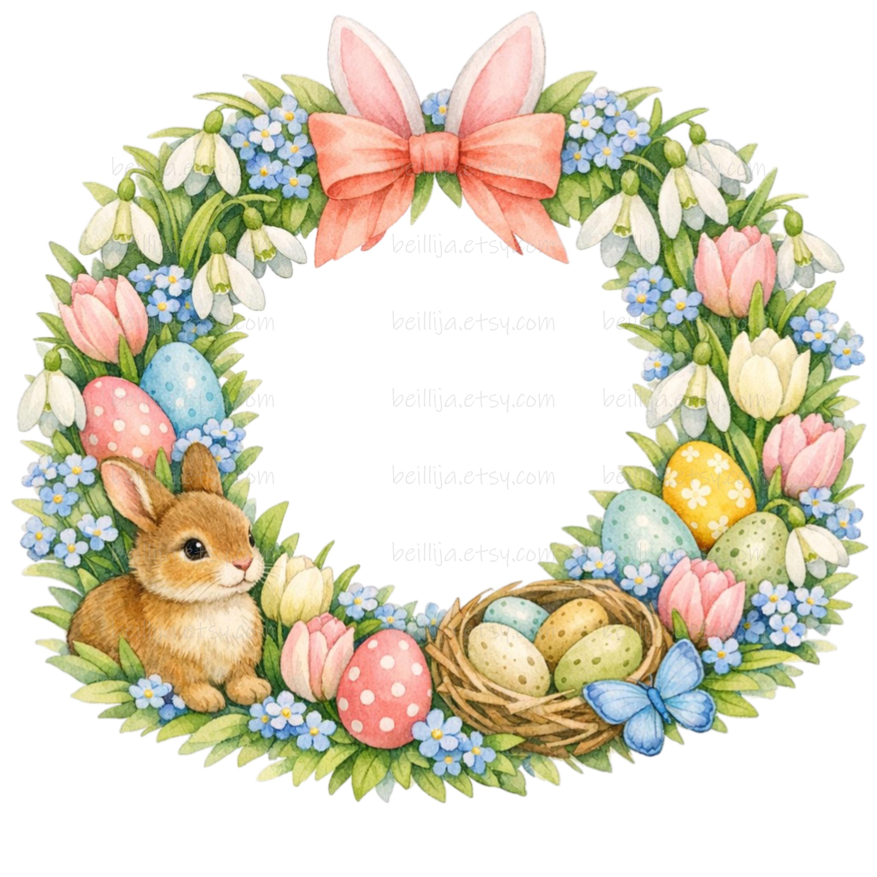 12 Easter Wreath Clipart: Watercolor Spring Flowers, Bunny, Chicken ...