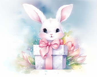 24 Cute Bunny Clipart, Easter Bunny With Presents Gift Boxes Printable Clipart, High Quality JPGs, Digital Download, Cute Animal Clipart