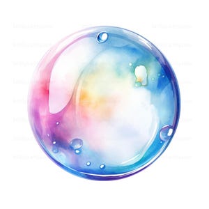 May include: A watercolor painting of a large, iridescent bubble with a rainbow effect inside. The bubble has a blue, purple, and pink hue with small bubbles inside.