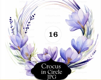 16 Purple Crocus Clipart, Watercolor Clipart, Garden Flowers Wreath Printable High Quality JPGs, Digital Download, Paper Craft Projects