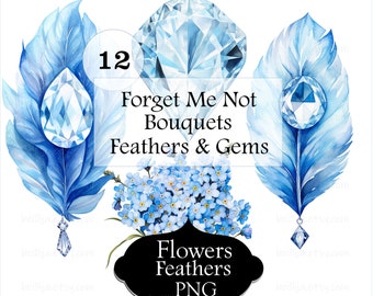 12 Blue Clipart, Forget Me Not, Feathers, Gems, Printable Watercolor Clipart, High Quality PNGs, Digital Download, Paper Craft Projects