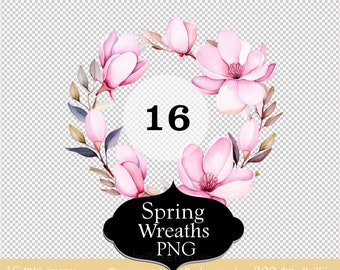 16 Pink Magnolia Clipart, Watercolor Clipart, Garden Flowers Wreath Printable High Quality PNGs, Digital Download, Paper Craft Projects