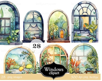 28 png Watercolor Windows Clipart, Landscape Clip art, House Plants, Set of window frames, window panes, blue, purple, yellow, green colors