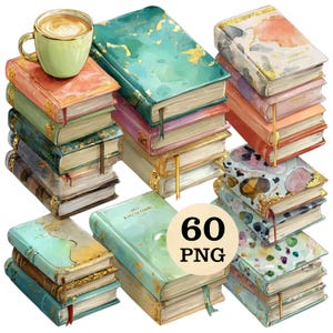 May include: A collection of watercolor-style books with gold accents and decorative covers in various colors, including teal, coral, and green. A green mug with a coffee drink sits atop a stack of books. The image includes a "60 PNG" graphic.