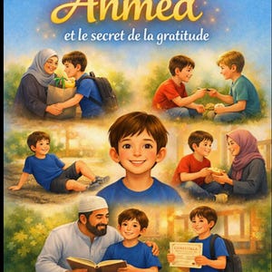 Op de afbeelding: Een kinderboekcover getiteld Ahmed et le secret de la gratitude door Aysha Kirati, met meerdere illustraties van een jonge jongen in een blauw T-shirt die in een warme, zonnige omgeving met familie en vrienden omgaat.