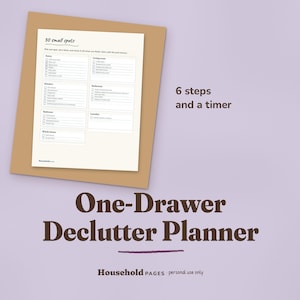 May include: A white paper sheet titled 30 small spots with checklists for household areas like Entry, Kitchen, and Bedroom. The text 6 steps and a timer, One-Drawer Declutter Planner, and Household PAGES - personal use only are visible.