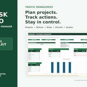 Peut inclure: Boîte à outils Excel TM DESK PRO Project Manager Edition avec une barre latérale vert foncé et du texte blanc. La zone principale affiche un tableau de bord de gestion de projet en direct avec des listes de statut et un graphique à barres pour le suivi.