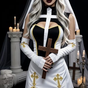 May include: A black and white dress featuring a high neckline, a central white cross overlay, and gold-trimmed panels. The garment includes long white gloves with gold cross embroidery and a matching white headpiece, paired with a wooden cross.