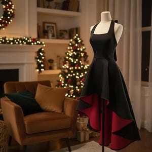 May include: A black sleeveless dress with a square neckline and a high-low hemline, featuring a solid black exterior and a contrasting deep red lining visible on the underside of the skirt, displayed on a mannequin.