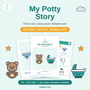 May include: A digital potty training guide titled My Potty Story featuring a brown teddy bear and a teal potty. The pages include illustrations of underwear, toilet paper, and hand washing steps with text labels. Includes A4 and US Letter sizes.