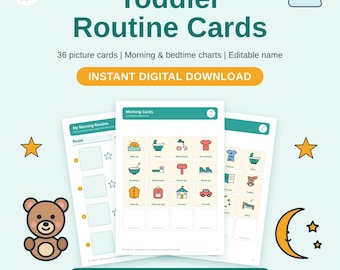 Toddler Routine Cards: Morning & Bedtime Visual Schedule (Editable Name, Digital Download)