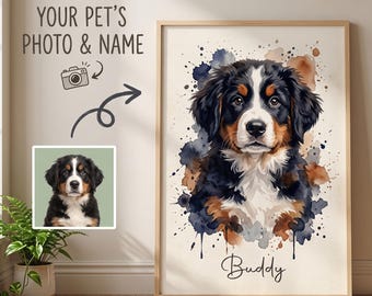 May include: A framed wall art print featuring a watercolor-style portrait of a Bernese Mountain Dog with black, white, and brown fur. The name Buddy is written in cursive script below the dog. Text on the wall reads YOUR PET'S PHOTO & NAME.
