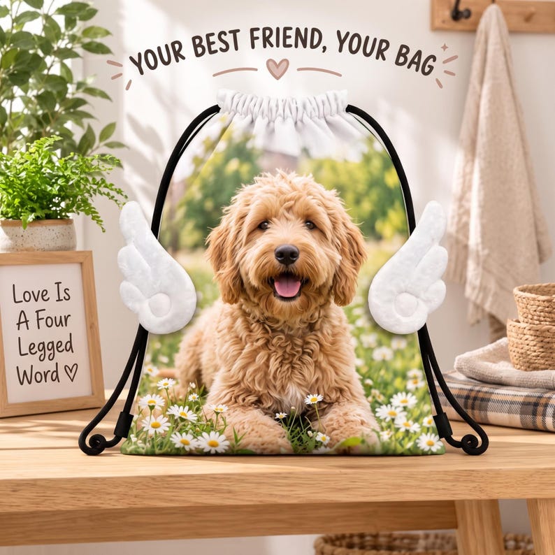 May include: A drawstring bag featuring a golden-brown dog lying in a field of white daisies. The bag has white plush angel wings attached to the sides and black drawstrings. The text "YOUR BEST FRIEND, YOUR BAG" is printed at the top.