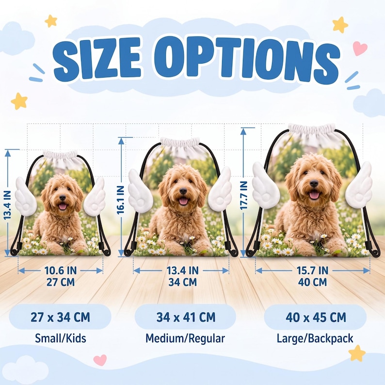 May include: Three drawstring bags with a golden doodle dog print and white angel wings. Sizes are 10.6 x 13.4 inches, 13.4 x 16.1 inches, and 15.7 x 17.7 inches. The text reads SIZE OPTIONS, Small/Kids, Medium/Regular, and Large/Backpack.