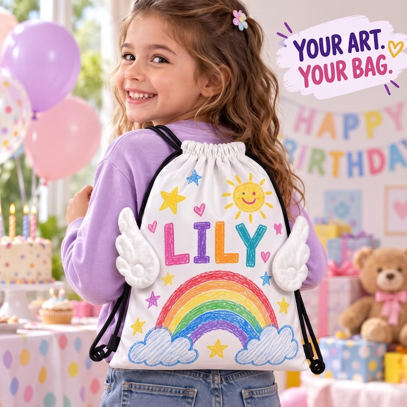 May include: A white drawstring backpack featuring the name LILY in colorful letters, a rainbow, a sun, stars, and hearts. The bag has two white fabric wings attached to the sides and black drawstring cords. Text on the bag reads YOUR ART. YOUR BAG.