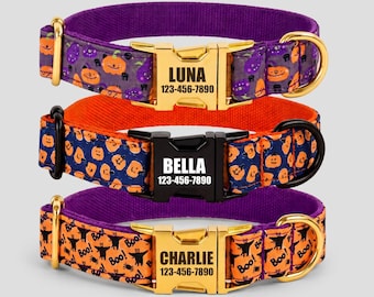 Personalized Halloween Dog Collar with Custom Engraved Buckle, Spooky Pumpkin Bat Leash Set