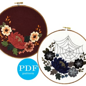 Autumn and Halloween Embroidery Pattern Duo. Beginner Embroidery pattern. PDF Digital Download. 7" embroidery hoop. Gothic decor