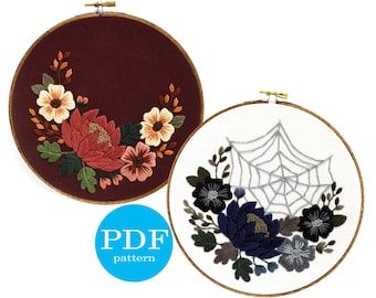 Autumn and Halloween Embroidery Pattern Duo. Beginner Embroidery pattern. PDF Digital Download. 7" embroidery hoop. Gothic decor