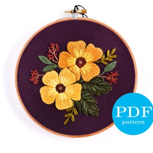 Yellow Flower Embroidery Pattern. Beginner Embroidery pattern. PDF, Digital Download. 6" embroidery hoop. Flower embroidery pattern