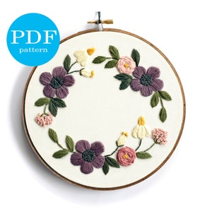 Floral Wreath Embroidery Pattern. PDF Digital Download. 7" embroidery hoop. DIY Home Decor. Beginner Embroidery. Flower embroidery pattern