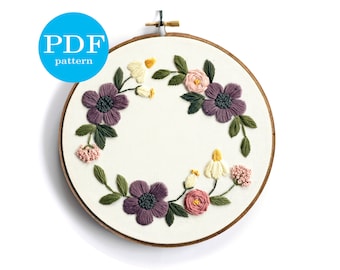 Floral Wreath Embroidery Pattern: Beginner DIY Home Decor (PDF Digital Download)