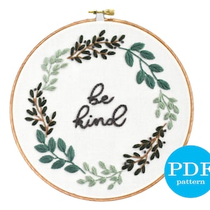 Leafy Wreath Embroidery Pattern. Beginner Embroidery pattern. PDF embroidery pattern. 7 embroidery hoop. DIY Nursery Decor. Botanical art image 1