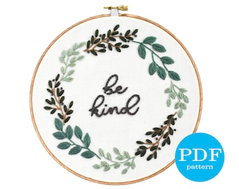 Leafy Wreath Embroidery Pattern. Beginner Embroidery pattern. PDF embroidery pattern. 7" embroidery hoop. DIY Nursery Decor. Botanical art