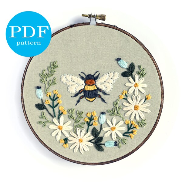 Floral Bee Embroidery Pattern. Beginner Embroidery pattern. PDF embroidery pattern. 6" embroidery hoop. DIY home decor. Modern embroidery