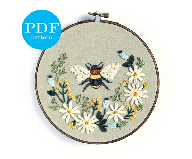 Floral Bee Embroidery Pattern. Beginner Embroidery pattern. PDF embroidery pattern. 6 embroidery hoop. DIY home decor. Modern embroidery image 1