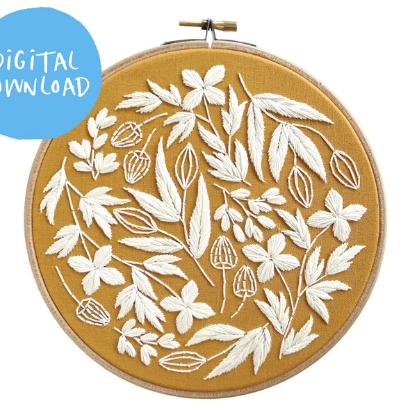 Botanical Whitework Embroidery Pattern. Digital Download. 7" embroidery hoop. Floral needlepoint. modern hand embroidery. Beginner stitching