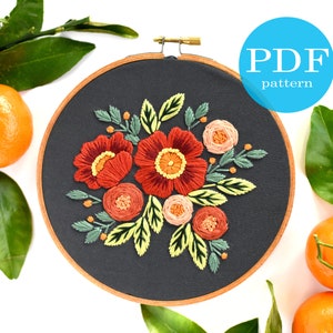 Folky Florals Embroidery Pattern. Beginner Embroidery. PDF embroidery pattern. 6" hoop. Floral Embroidery pattern. Embroidery pattern