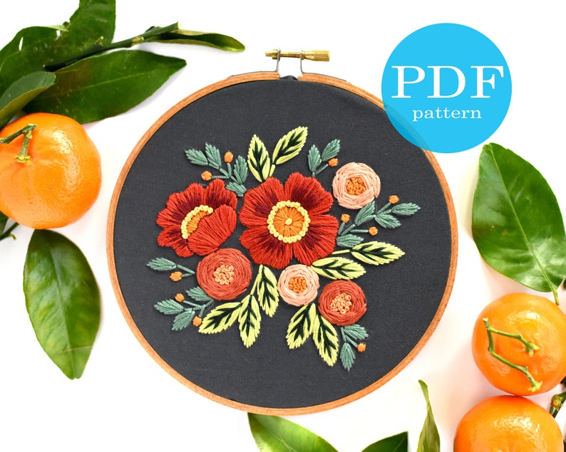 Folky Florals Embroidery Pattern. Beginner Embroidery. PDF embroidery pattern. 6 hoop. Floral Embroidery pattern. Embroidery pattern image 1