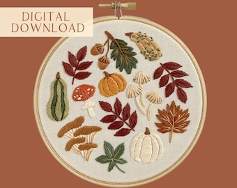 Autumn Treasures Embroidery Pattern. Beginner Embroidery. PDF embroidery pattern. Pumpkin embroidery. Fall embroidery.