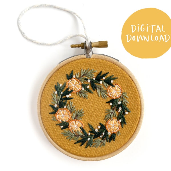 Wreath Christmas Ornament Embroidery Pattern. Beginner Embroidery. PDF embroidery pattern. DIY embroidery.  DIY craft, wreath with oranges