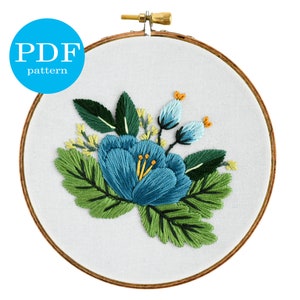 Blue Floral Embroidery Pattern. Beginner Embroidery. PDF embroidery pattern. 5&quot; hoop. Flower Embroidery pattern. DIY embroidery kit