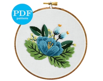 Patrón de bordado floral azul: Manualidad DIY para principiantes (Patrón PDF)